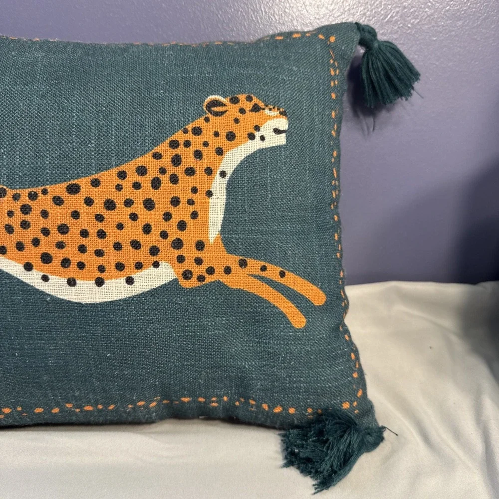 Green Teal Embroidered Leaping Cheetah Luxury Decorative Toss Pillow Tassels
